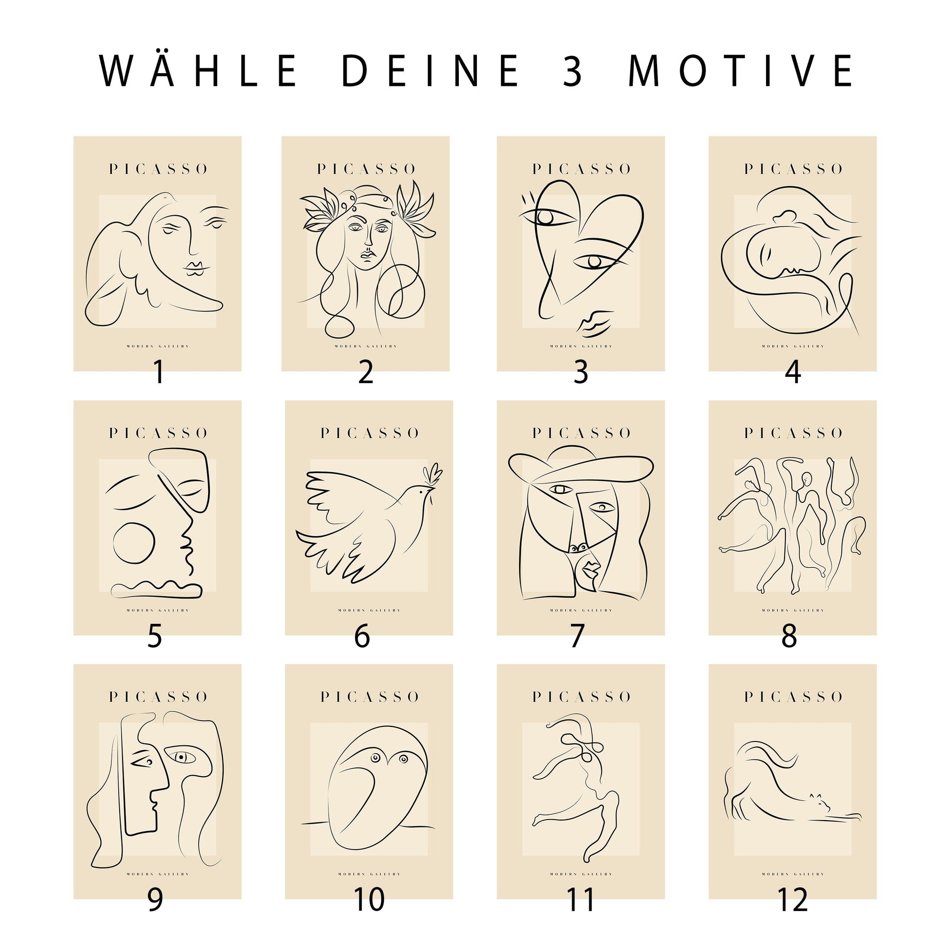 Picasso Poster Set 3 Frei Wählbare Bilder Wohnzimmer Deko Print Beige