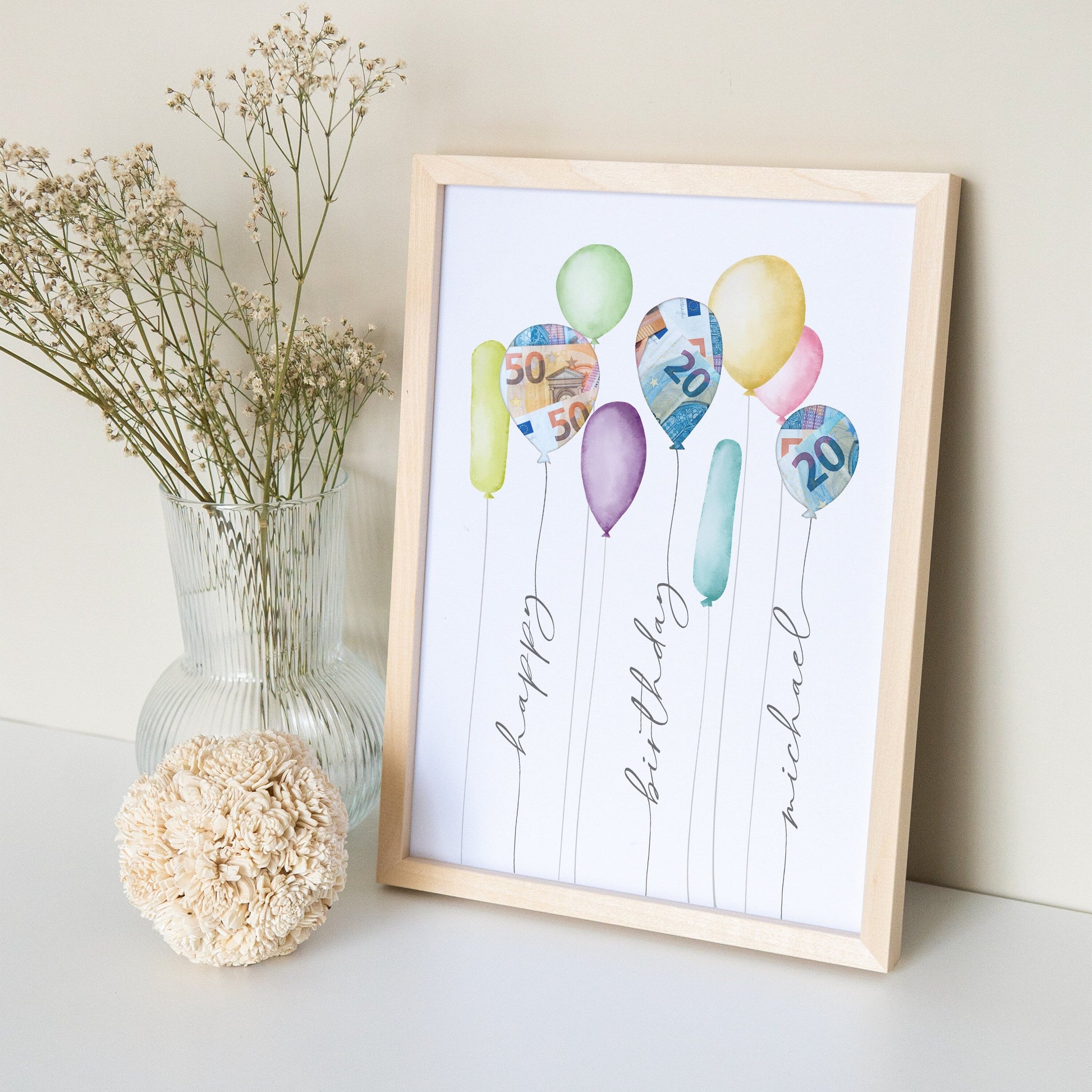 Geldgeschenk Geburtstag Kind Personalisiertes Bild Poster mit Luftballons Geburtstagsgeschenk Geld