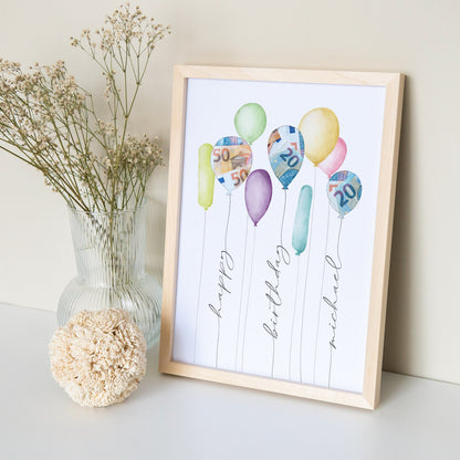 Geldgeschenk Geburtstag Kind Personalisiertes Bild Poster mit Luftballons Geburtstagsgeschenk Geld