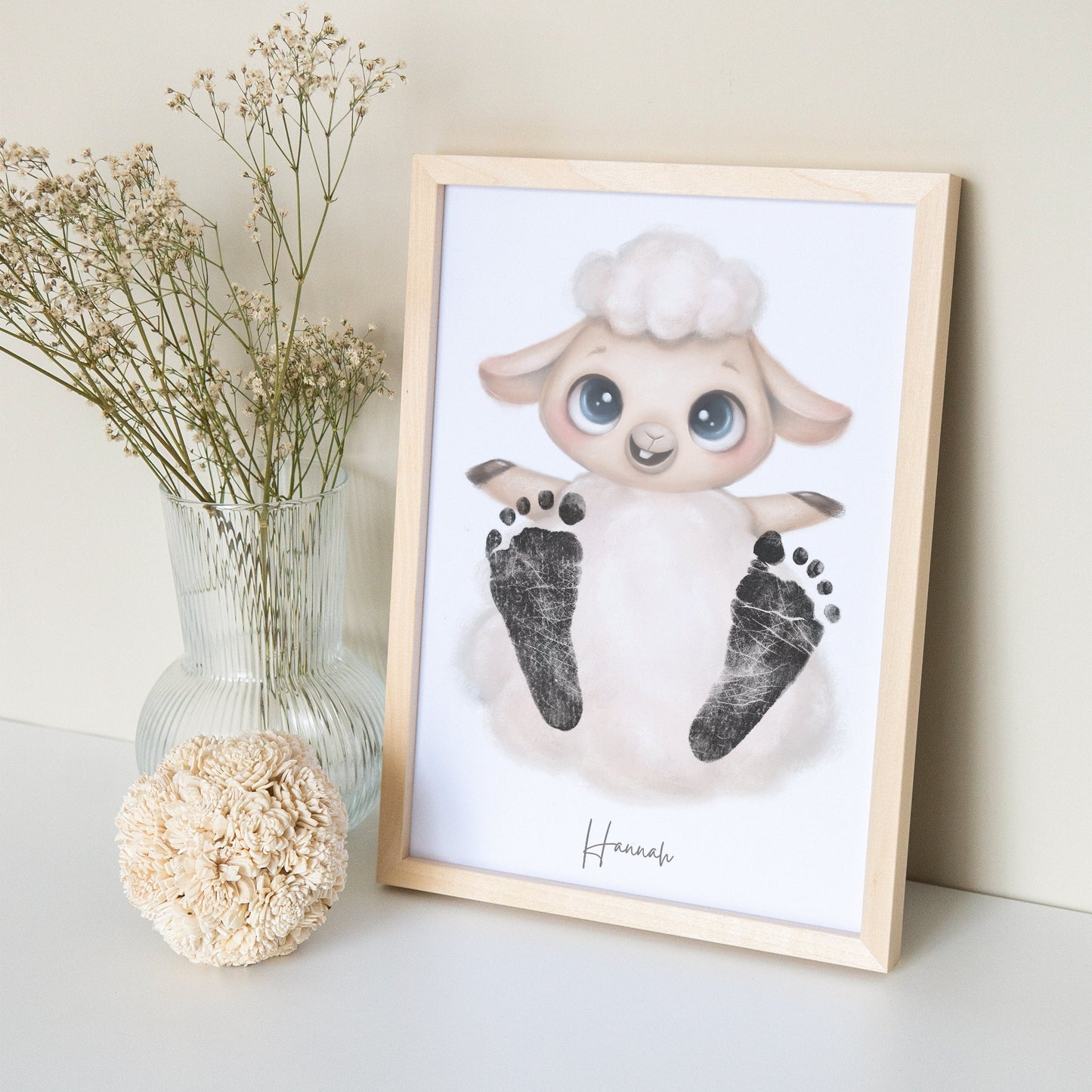 Baby Fußabdruck Bild Schaaf Fußabdrücke Personalisiert Babygeschenk zur Geburt Geschenk Kleinkind Kinderzimmerdeko (Ohne Farbe)