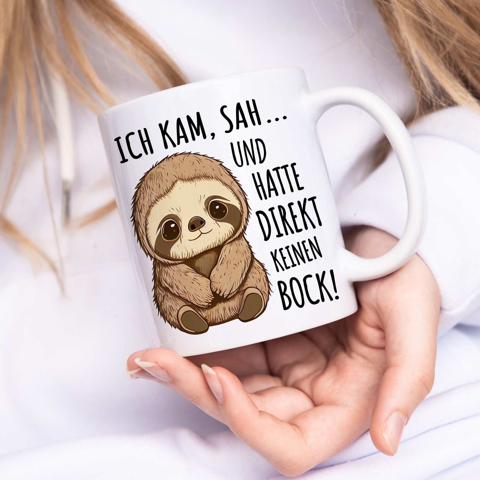 Faultier Tasse "Ich kam sah und hatte direkt keinen Bock" Kaffeetasse mit lustigem Spruch für Kollegin Geschenk