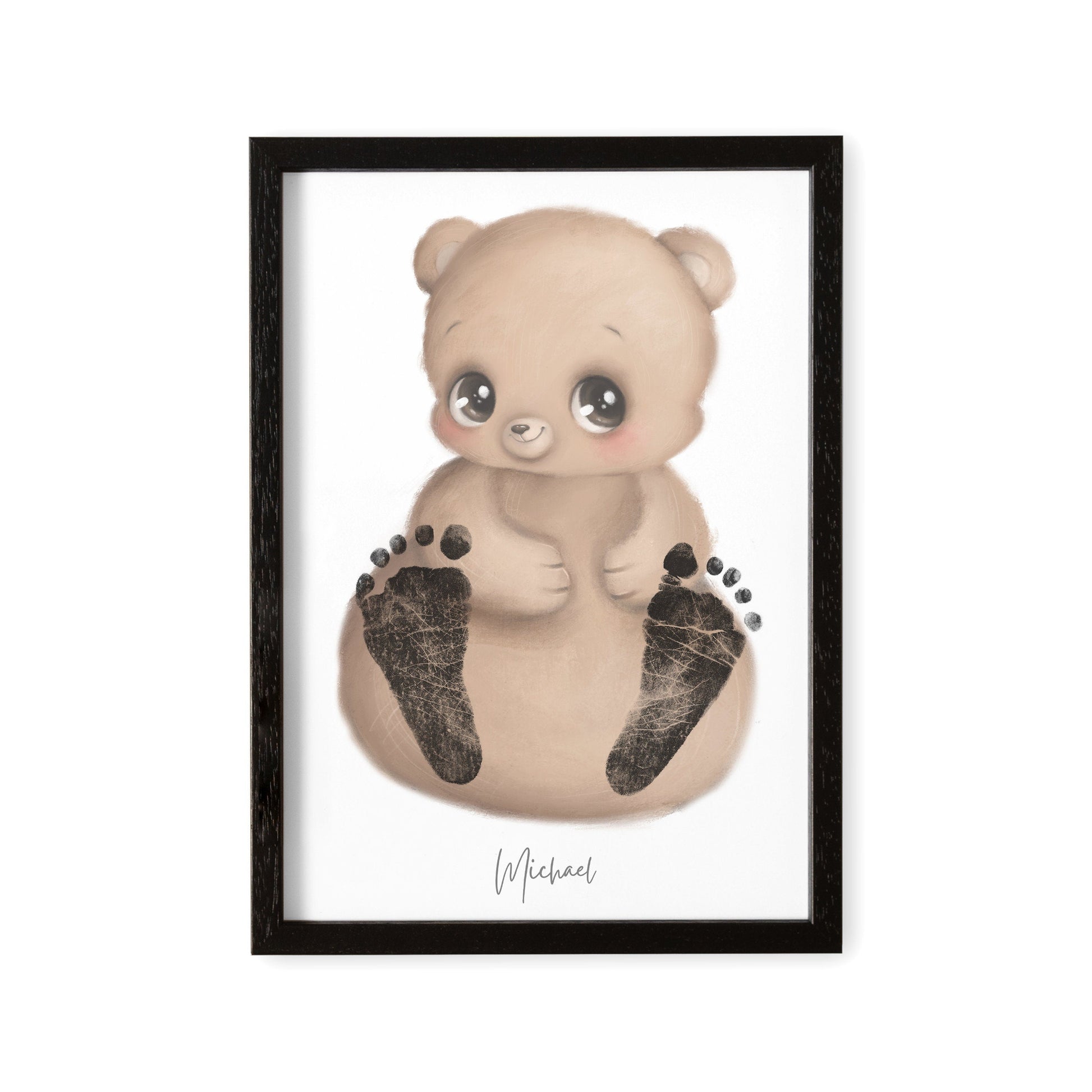 Baby Fußabdruck Bild Bär Fußabdrücke Personalisiert Babygeschenk zur Geburt Geschenk Kleinkind Kinderzimmerdeko (Ohne Farbe)