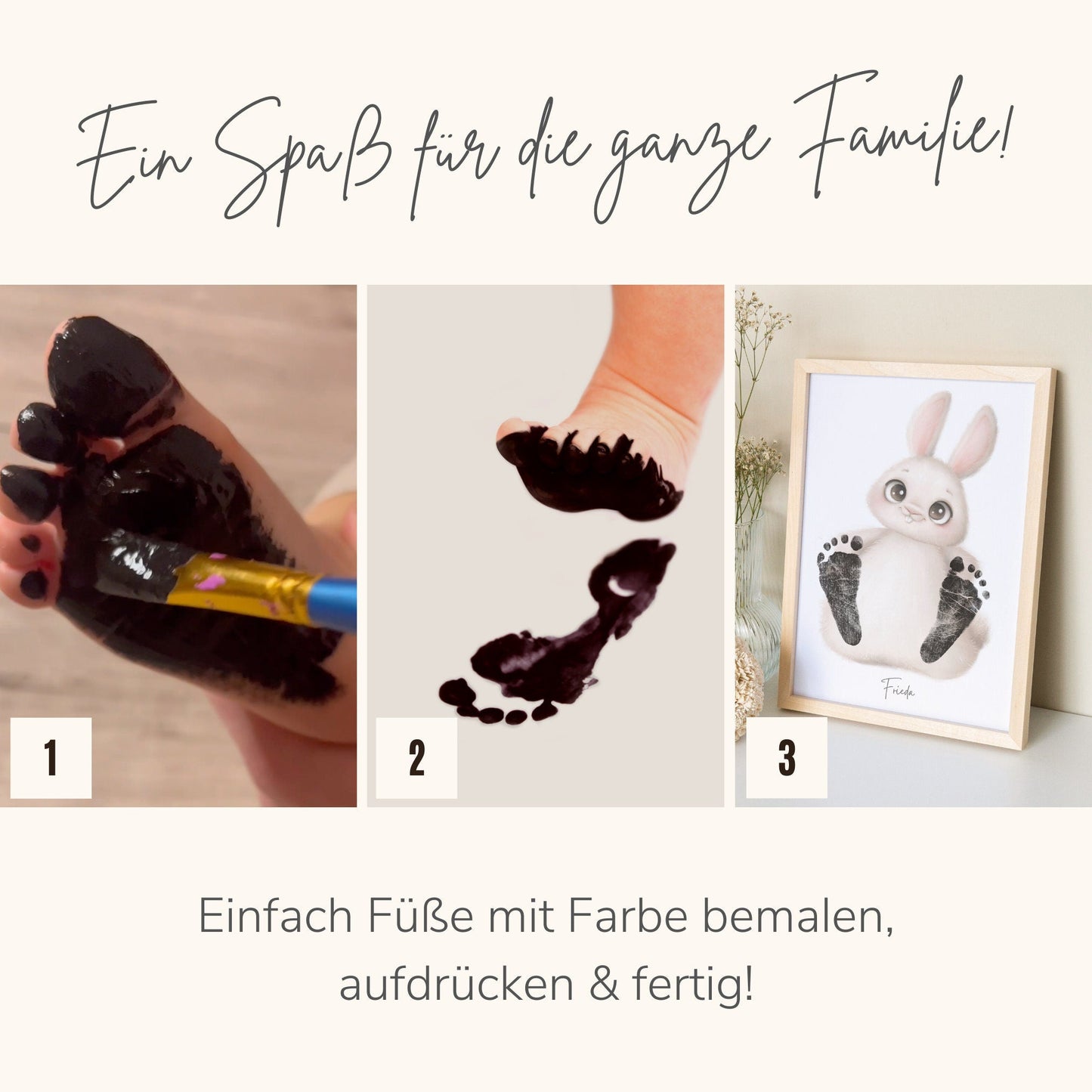 Baby Fußabdruck Bild Hase Fußabdrücke Personalisiert Babygeschenk zur Geburt Geschenk Kleinkind Kinderzimmerdeko (Ohne Farbe)