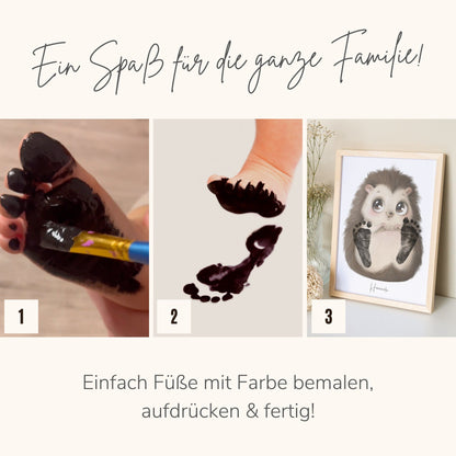 Baby Fußabdruck Bild Igel Fußabdrücke Personalisiert Babygeschenk zur Geburt Geschenk Kleinkind Kinderzimmerdeko (Ohne Farbe)