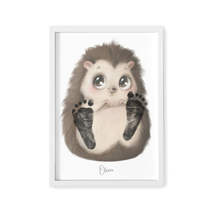 Baby Fußabdruck Bild Igel Fußabdrücke Personalisiert Babygeschenk zur Geburt Geschenk Kleinkind Kinderzimmerdeko (Ohne Farbe)