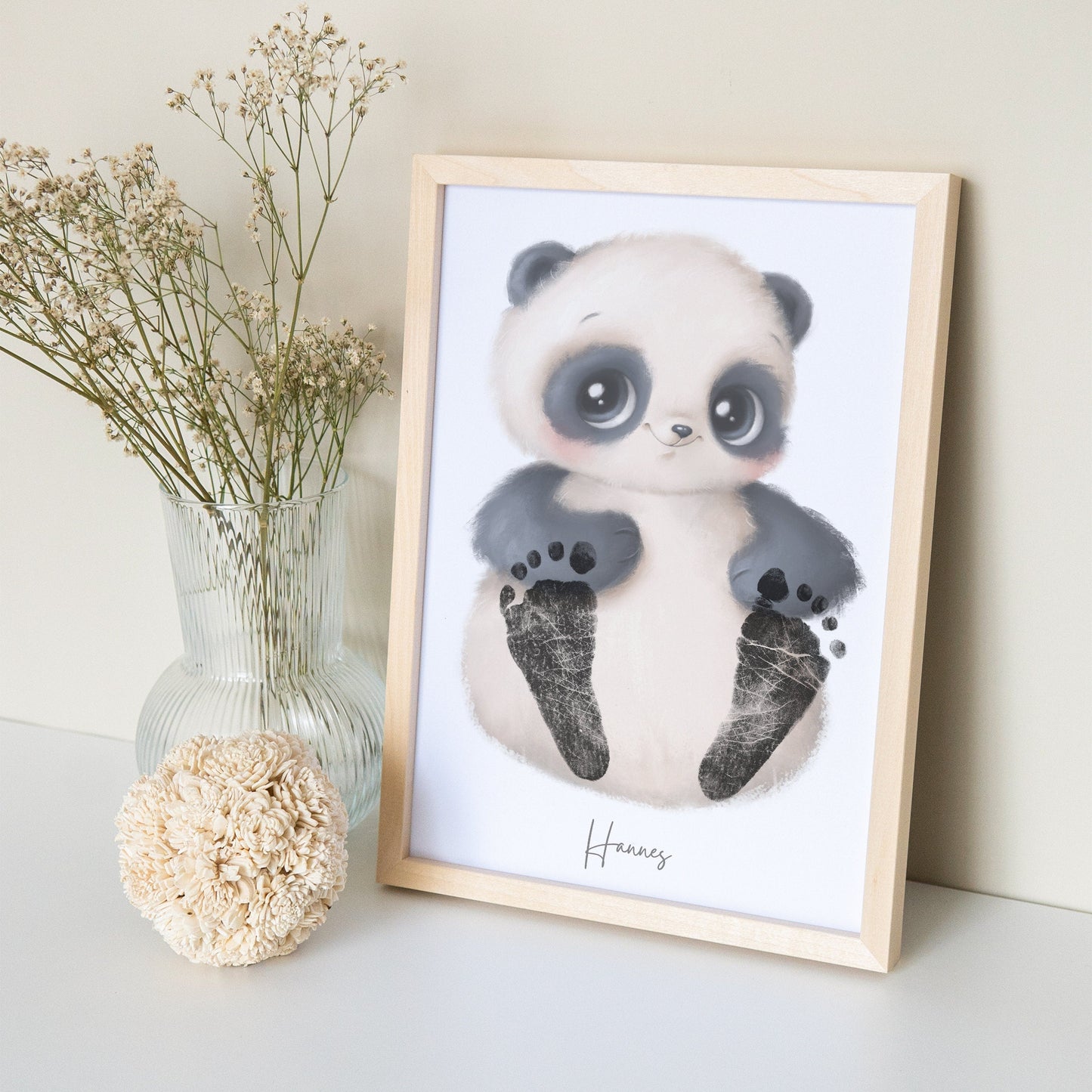 Baby Fußabdruck Bild Panda Fußabdrücke Personalisiert Babygeschenk zur Geburt Geschenk Kleinkind Kinderzimmerdeko (Ohne Farbe)