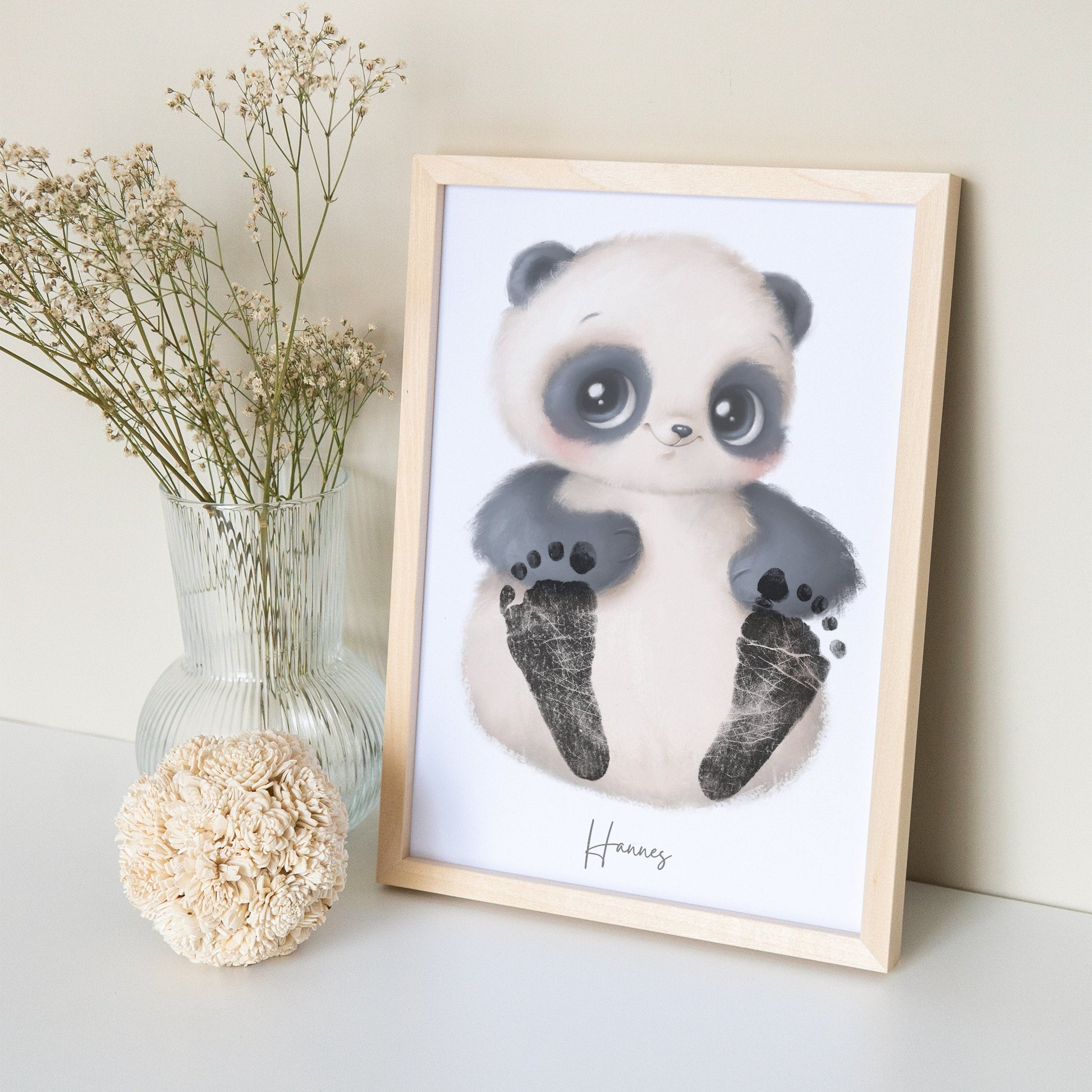 Baby Fußabdruck Bild Panda Fußabdrücke Personalisiert Babygeschenk zur Geburt Geschenk Kleinkind Kinderzimmerdeko (Ohne Farbe)