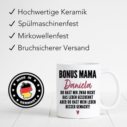 Bonusmama Tasse personalisiertes Muttertagsgeschenk Stiefmutter Stiefmama Bonus Mama Geschenk