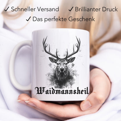 Jagd Tasse Jäger Geschenk mit Hirsch und lustigem Spruch Jagdgeschenk Waidmannsheil