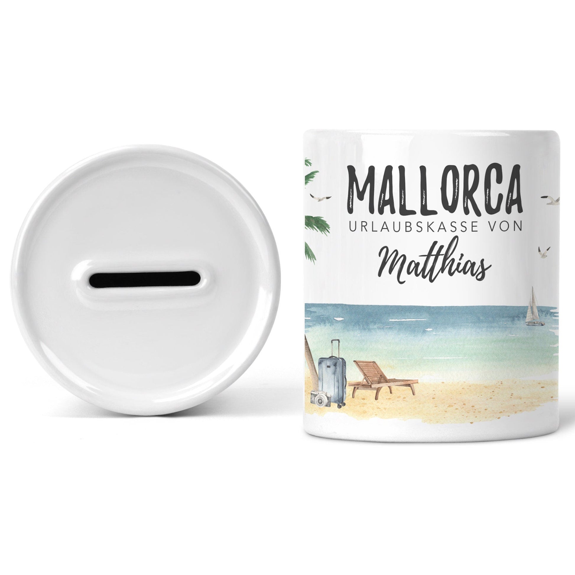 Urlaubskasse Geschenk personalisierte Mallorca Urlaub Spardose Urlaubsgeld Sparschwein mit Namen aus Keramik