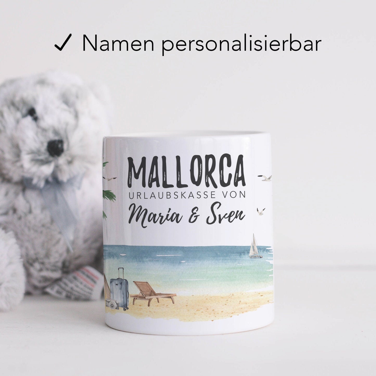 Urlaubskasse Geschenk personalisierte Mallorca Urlaub Spardose Urlaubsgeld Sparschwein mit Namen aus Keramik