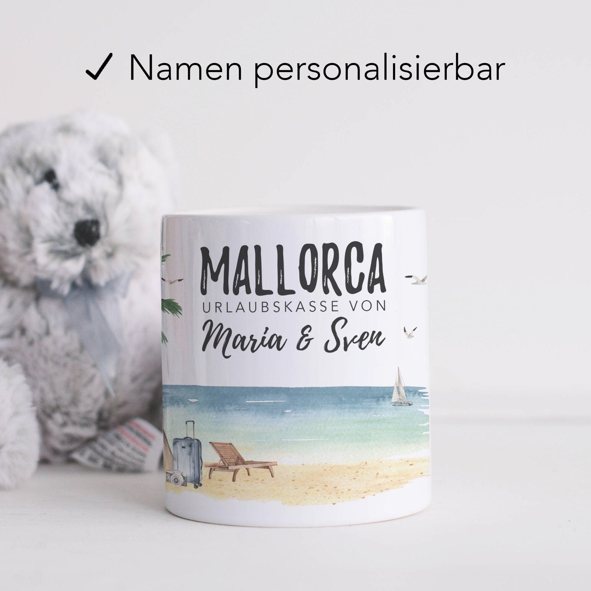 Urlaubskasse Geschenk personalisierte Mallorca Urlaub Spardose Urlaubsgeld Sparschwein mit Namen aus Keramik