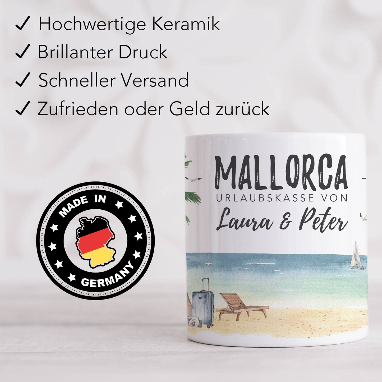Urlaubskasse Geschenk personalisierte Mallorca Urlaub Spardose Urlaubsgeld Sparschwein mit Namen aus Keramik