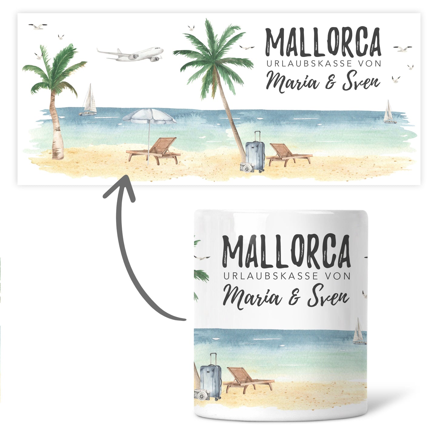 Urlaubskasse Geschenk personalisierte Mallorca Urlaub Spardose Urlaubsgeld Sparschwein mit Namen aus Keramik