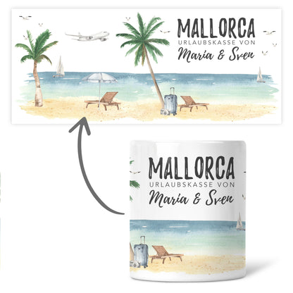 Urlaubskasse Geschenk personalisierte Mallorca Urlaub Spardose Urlaubsgeld Sparschwein mit Namen aus Keramik