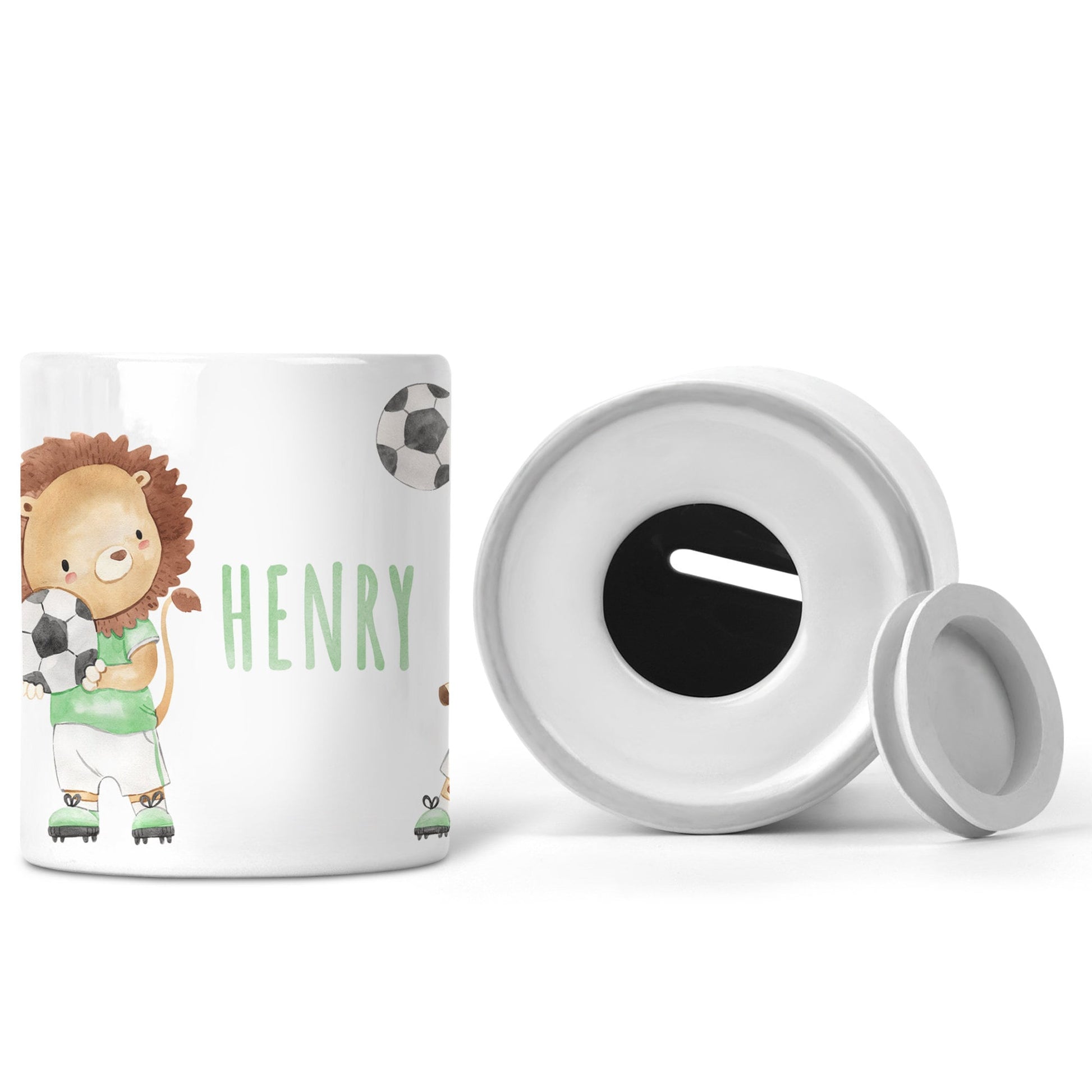 Spardose personalisiert für Jungen Kind Fussball Spieler Sparbüchse Fußball Geschenk Sparschwein Keramik