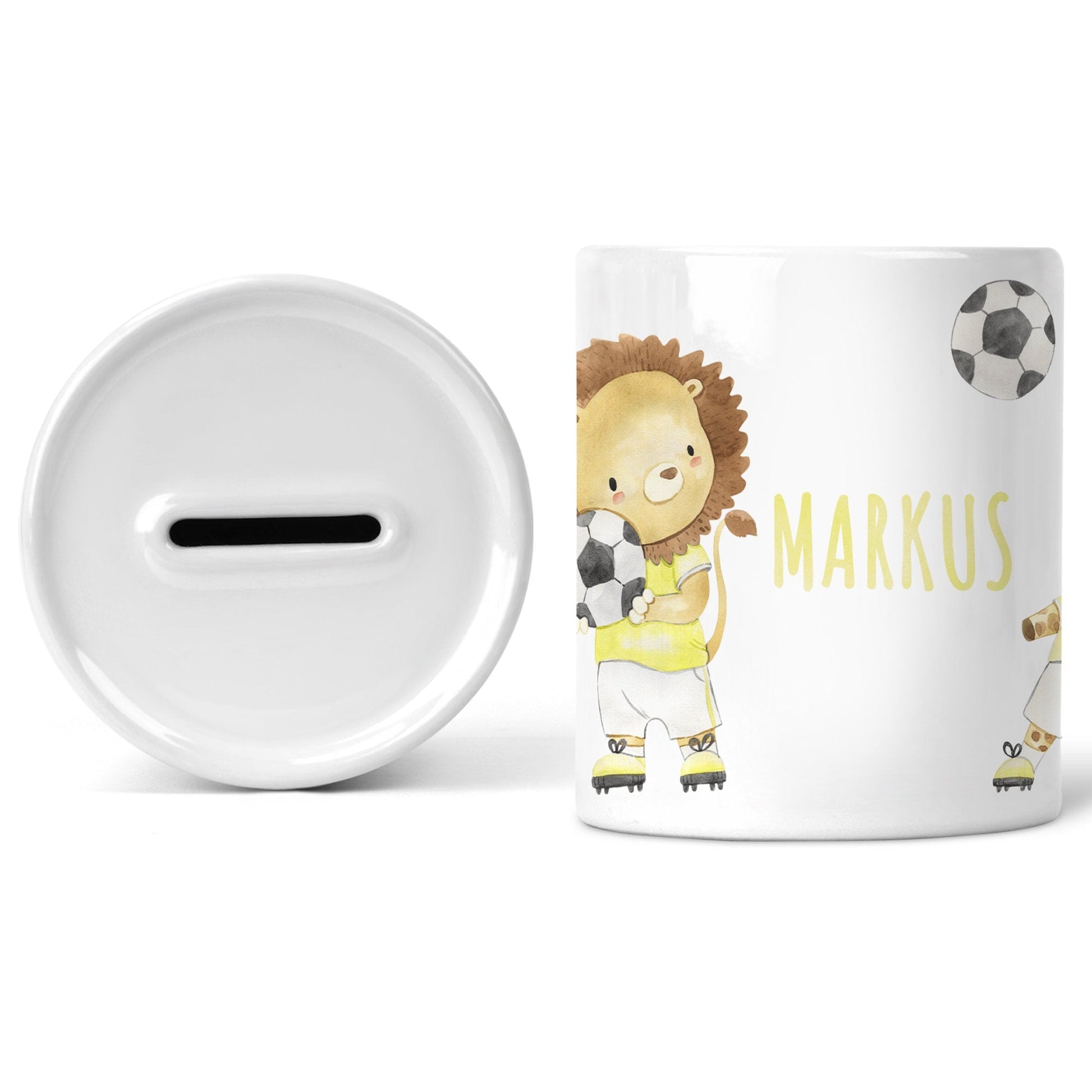 Spardose personalisiert für Jungen Kind Fussball Spieler Sparbüchse Fußball Geschenk Sparschwein Keramik