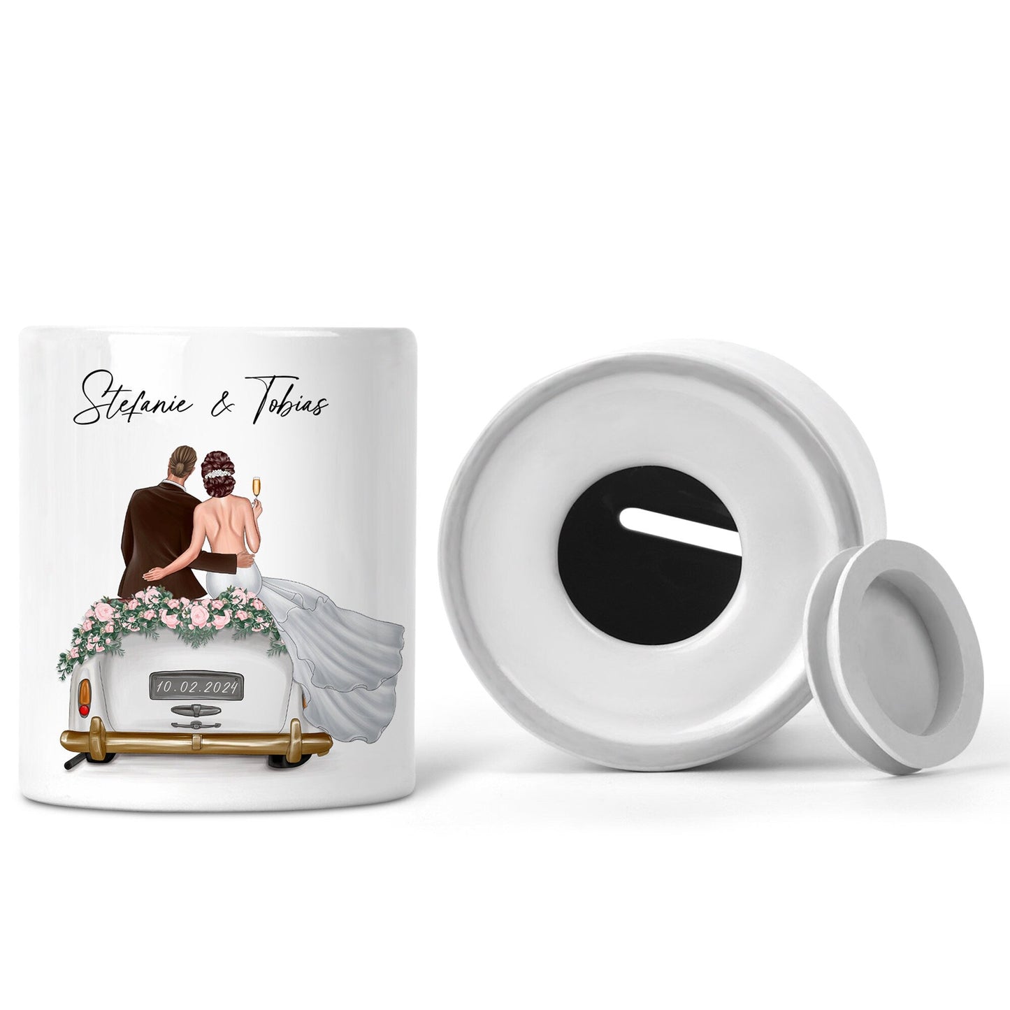 Spardose Hochzeit personalisiertes Geldgeschenk Sparschwein mit Auto & Brautpaar Hochzeitsgeschenk Geld Geschenk Sparbüchse aus Keramik