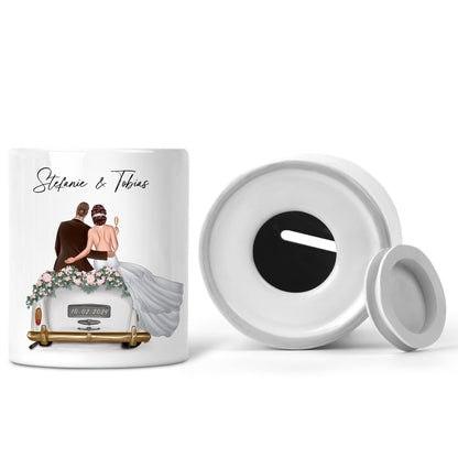 Spardose Hochzeit personalisiertes Geldgeschenk Sparschwein mit Auto & Brautpaar Hochzeitsgeschenk Geld Geschenk Sparbüchse aus Keramik