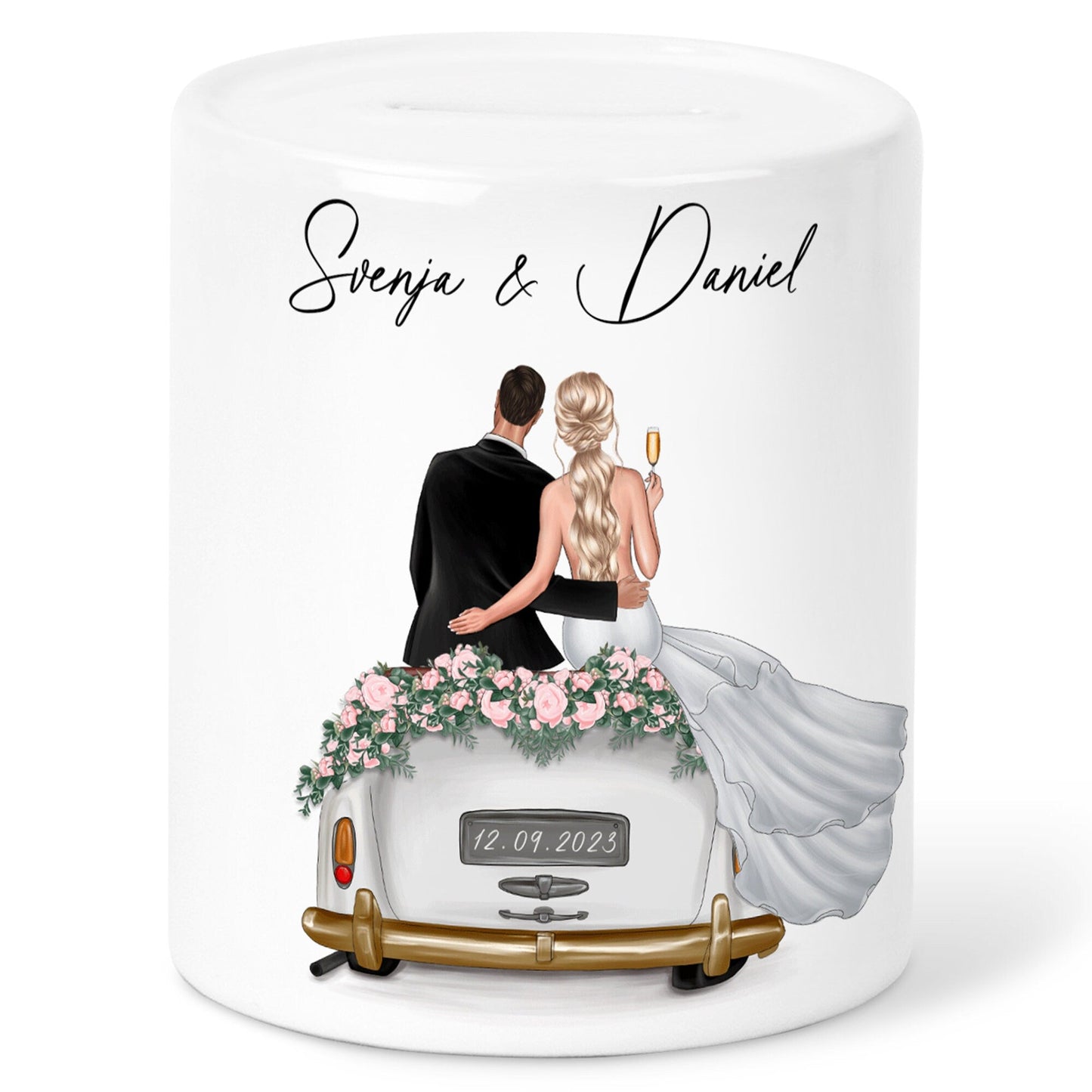 Spardose Hochzeit personalisiertes Geldgeschenk Sparschwein mit Auto & Brautpaar Hochzeitsgeschenk Geld Geschenk Sparbüchse aus Keramik