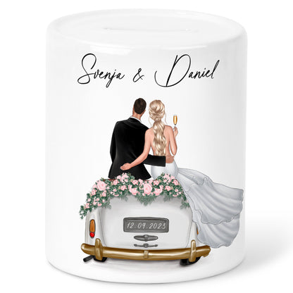 Spardose Hochzeit personalisiertes Geldgeschenk Sparschwein mit Auto & Brautpaar Hochzeitsgeschenk Geld Geschenk Sparbüchse aus Keramik