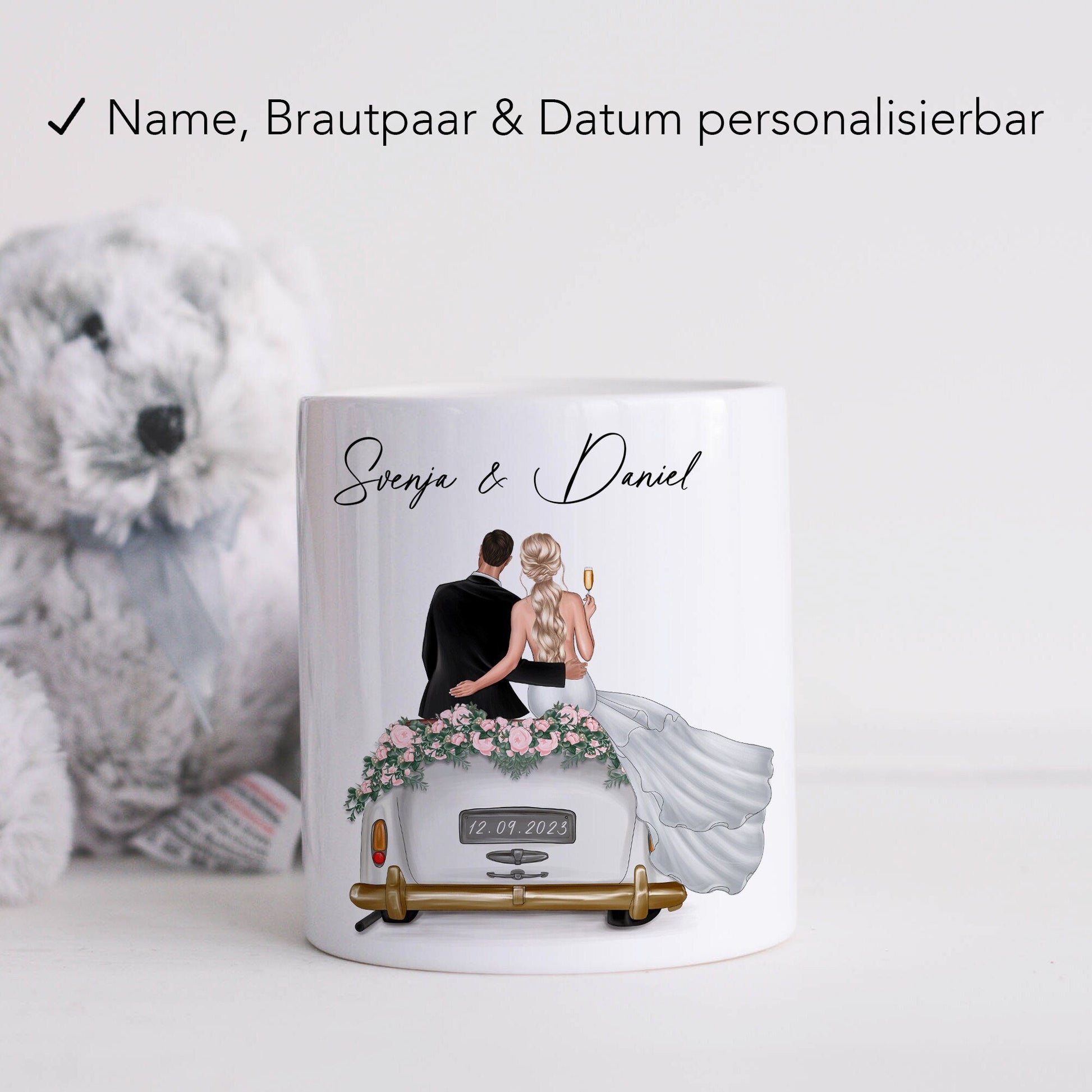 Spardose Hochzeit personalisiertes Geldgeschenk Sparschwein mit Auto & Brautpaar Hochzeitsgeschenk Geld Geschenk Sparbüchse aus Keramik