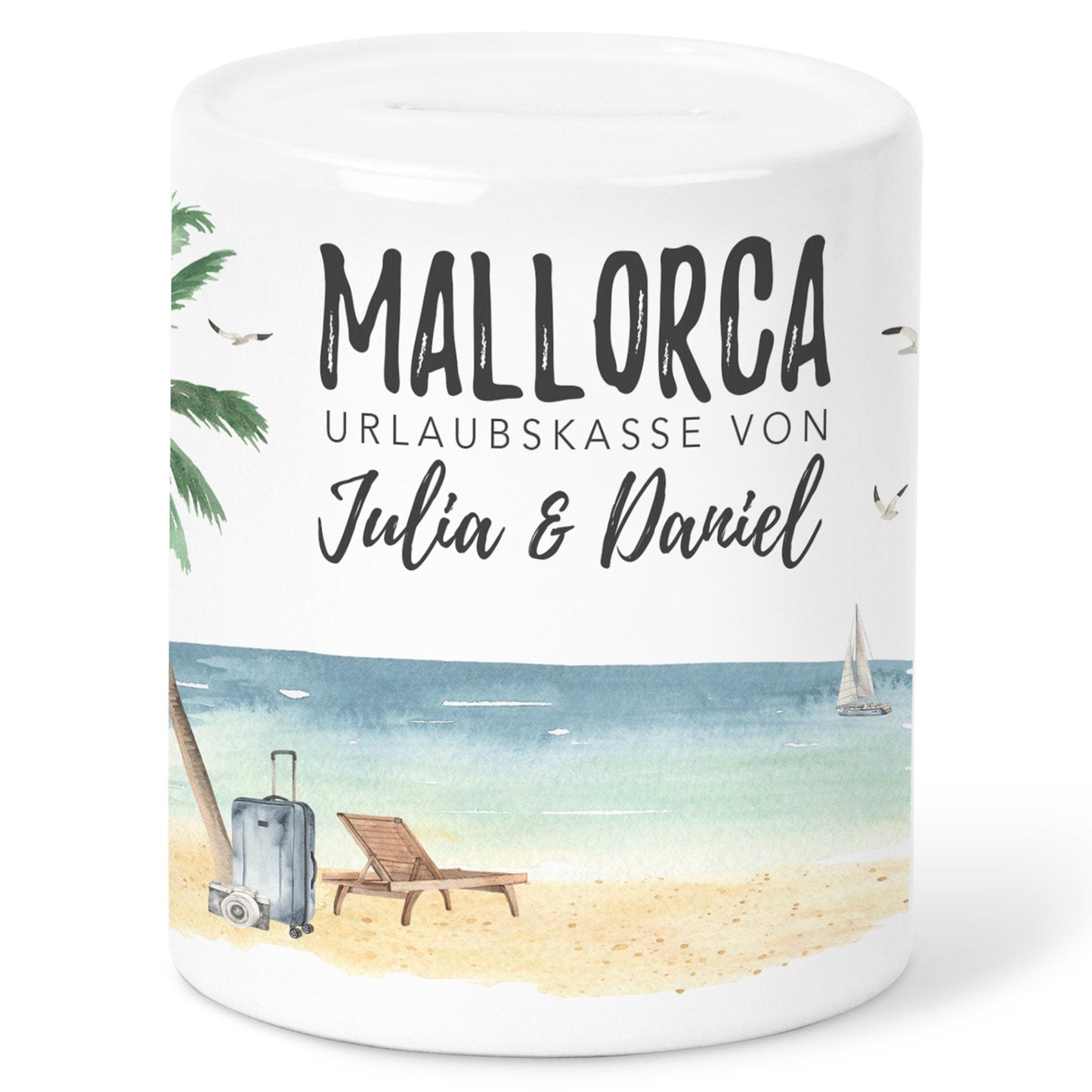 Urlaubskasse Geschenk personalisierte Mallorca Urlaub Spardose Urlaubsgeld Sparschwein mit Namen aus Keramik