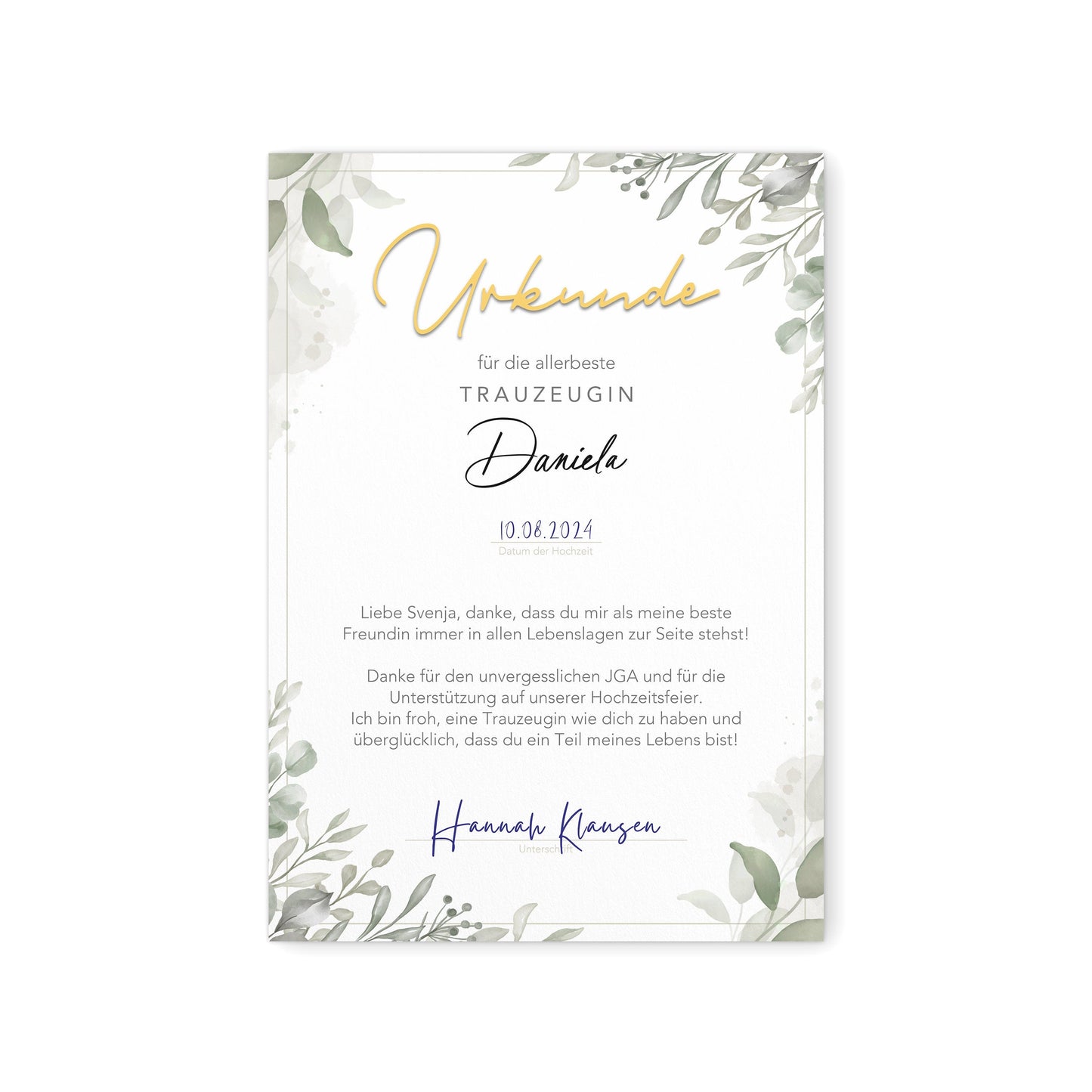 Trauzeugin Danke Geschenk personalisierte Urkunde für Trauzeuge Dankesgeschenk (mit oder ohne Rahmen)