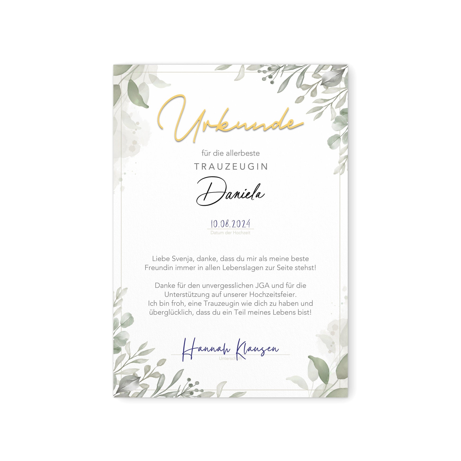 Trauzeugin Danke Geschenk personalisierte Urkunde für Trauzeuge Dankesgeschenk (mit oder ohne Rahmen)