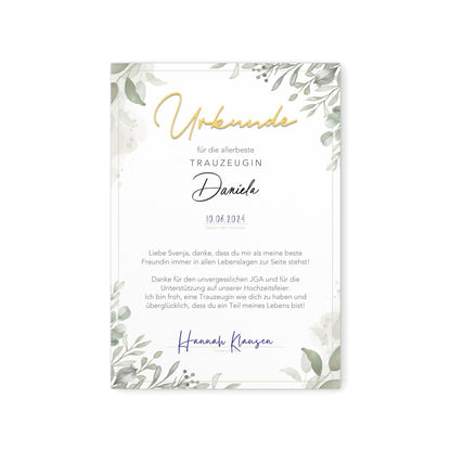 Trauzeugin Danke Geschenk personalisierte Urkunde für Trauzeuge Dankesgeschenk (mit oder ohne Rahmen)