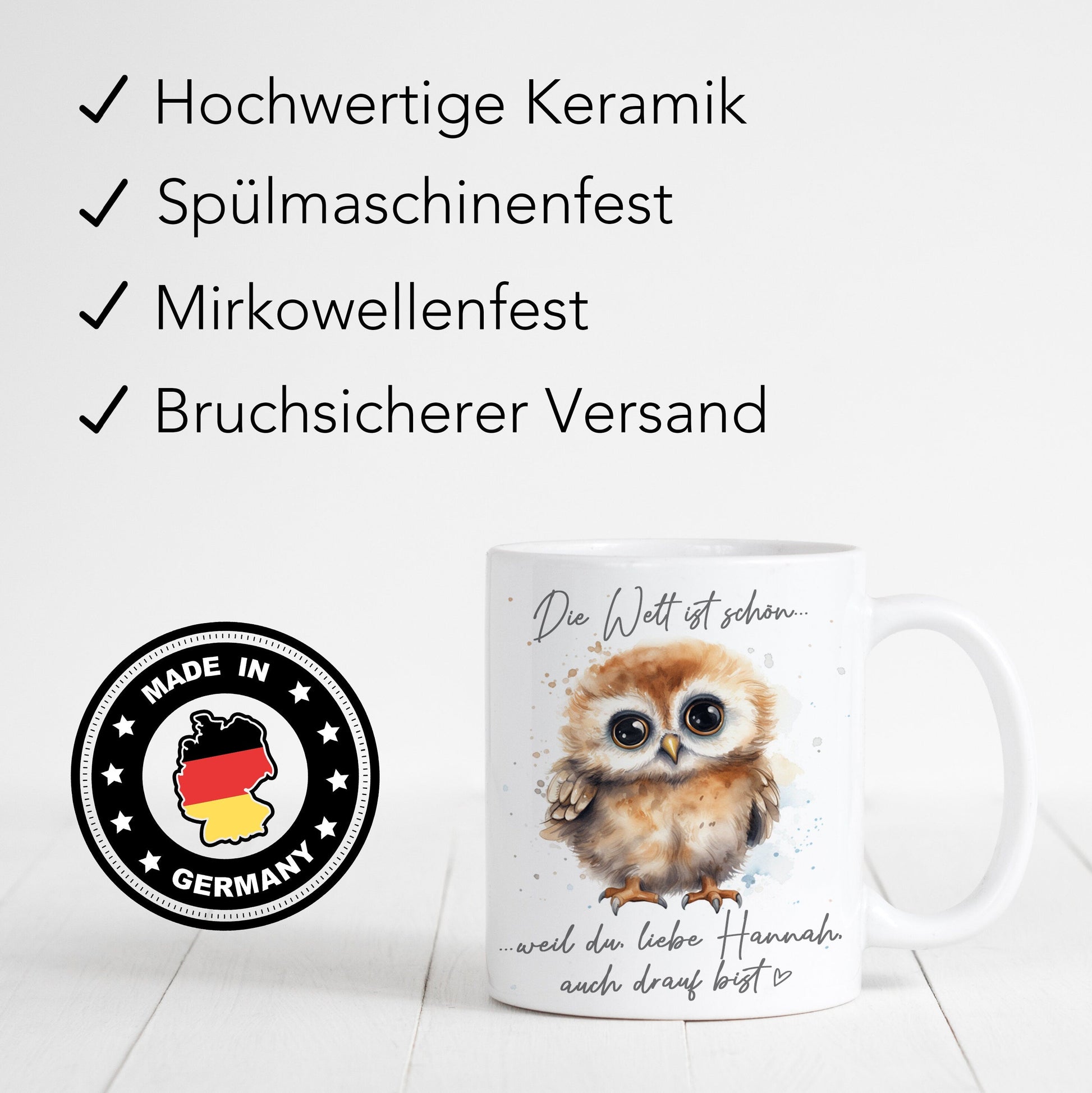 Die Welt ist schön weil du mit drauf bist Beste Freundin Tasse Eule personalisiertes Geschenk aus Keramik