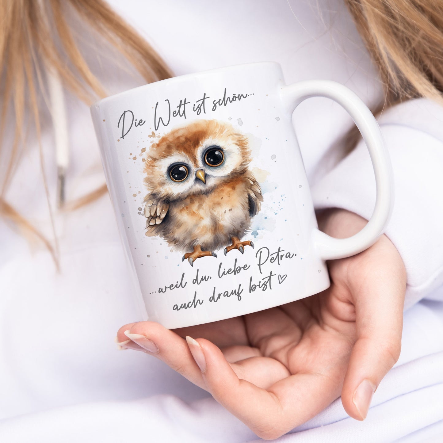 Die Welt ist schön weil du mit drauf bist Beste Freundin Tasse Eule personalisiertes Geschenk aus Keramik
