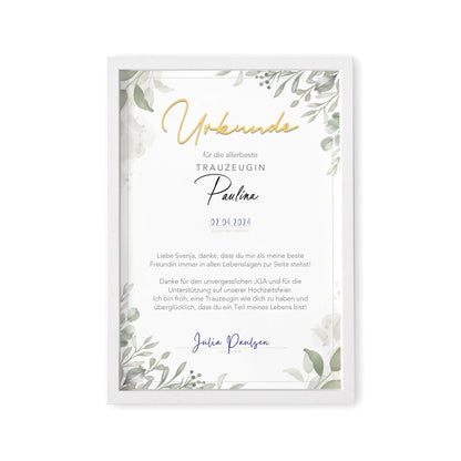Trauzeugin Danke Geschenk personalisierte Urkunde für Trauzeuge Dankesgeschenk (mit oder ohne Rahmen)