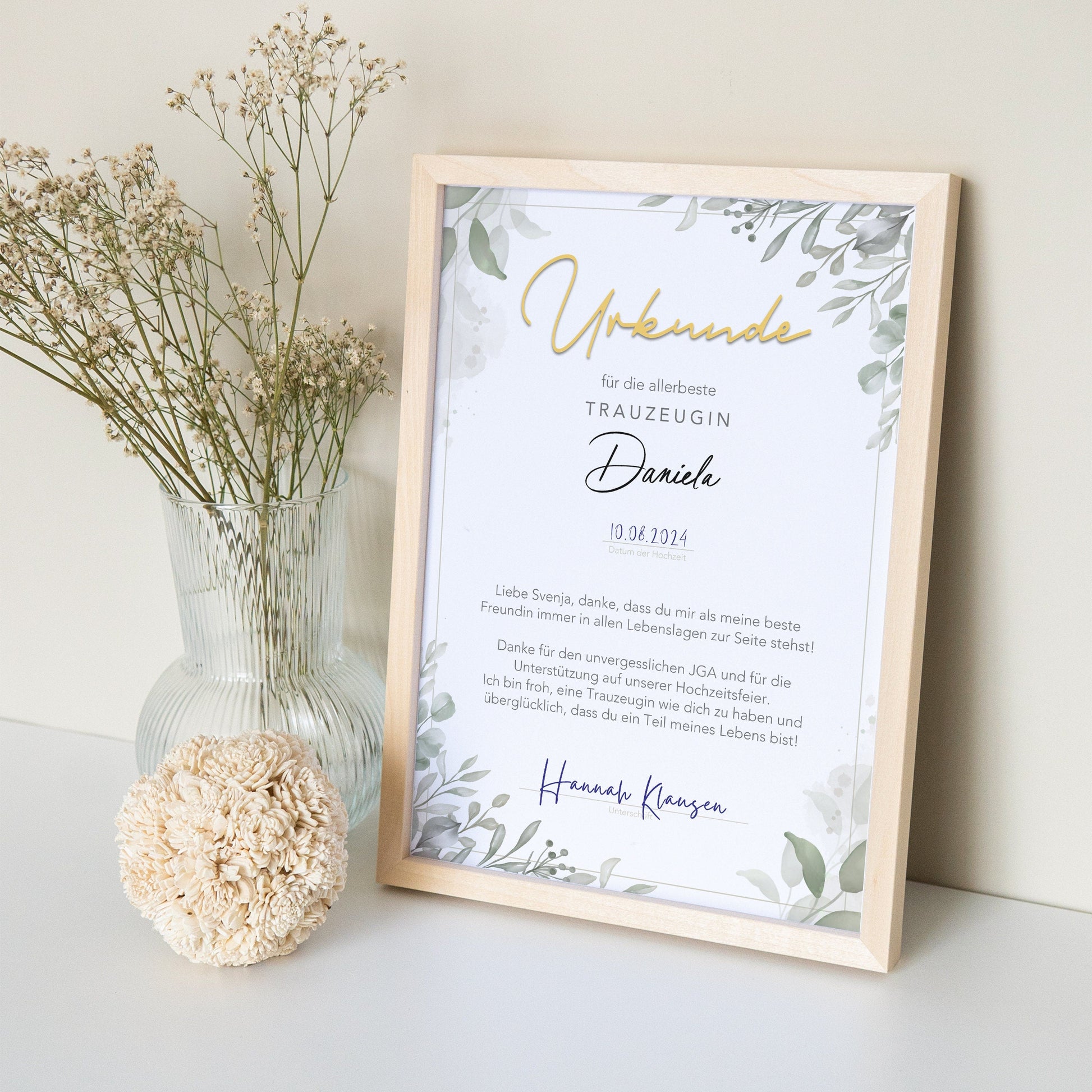 Trauzeugin Danke Geschenk personalisierte Urkunde für Trauzeuge Dankesgeschenk (mit oder ohne Rahmen)