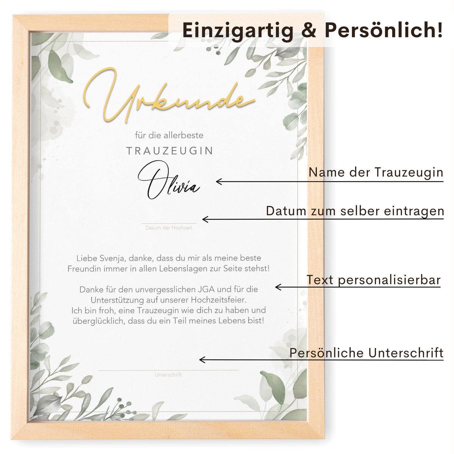 Trauzeugin Danke Geschenk personalisierte Urkunde für Trauzeuge Dankesgeschenk (mit oder ohne Rahmen)