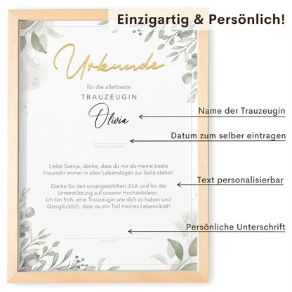 Trauzeugin Danke Geschenk personalisierte Urkunde für Trauzeuge Dankesgeschenk (mit oder ohne Rahmen)