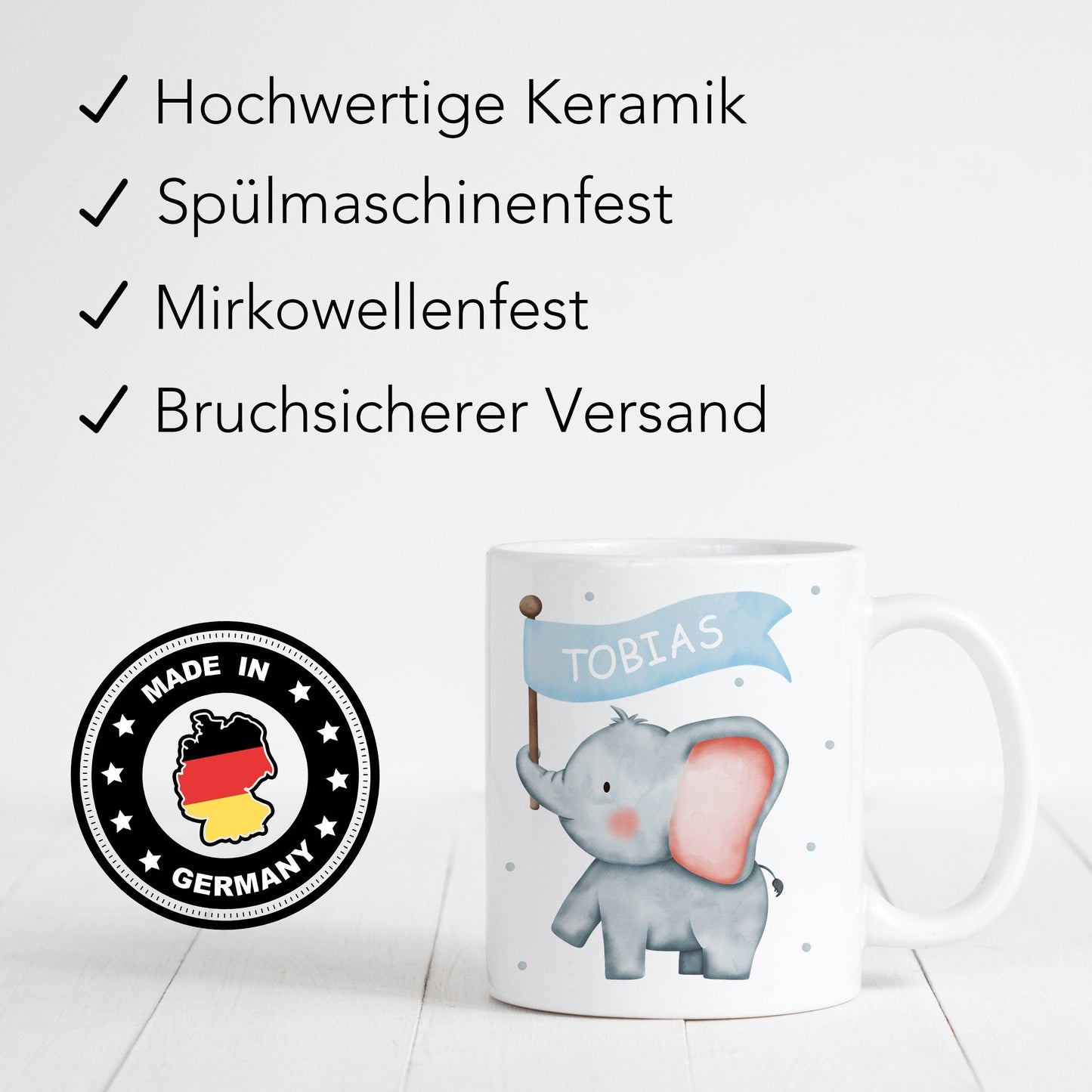 Kindertasse mit Namen Elefant personalisiert für Kinder Mädchen Jungen Geschenk Einschulung Kinderbecher aus Keramik