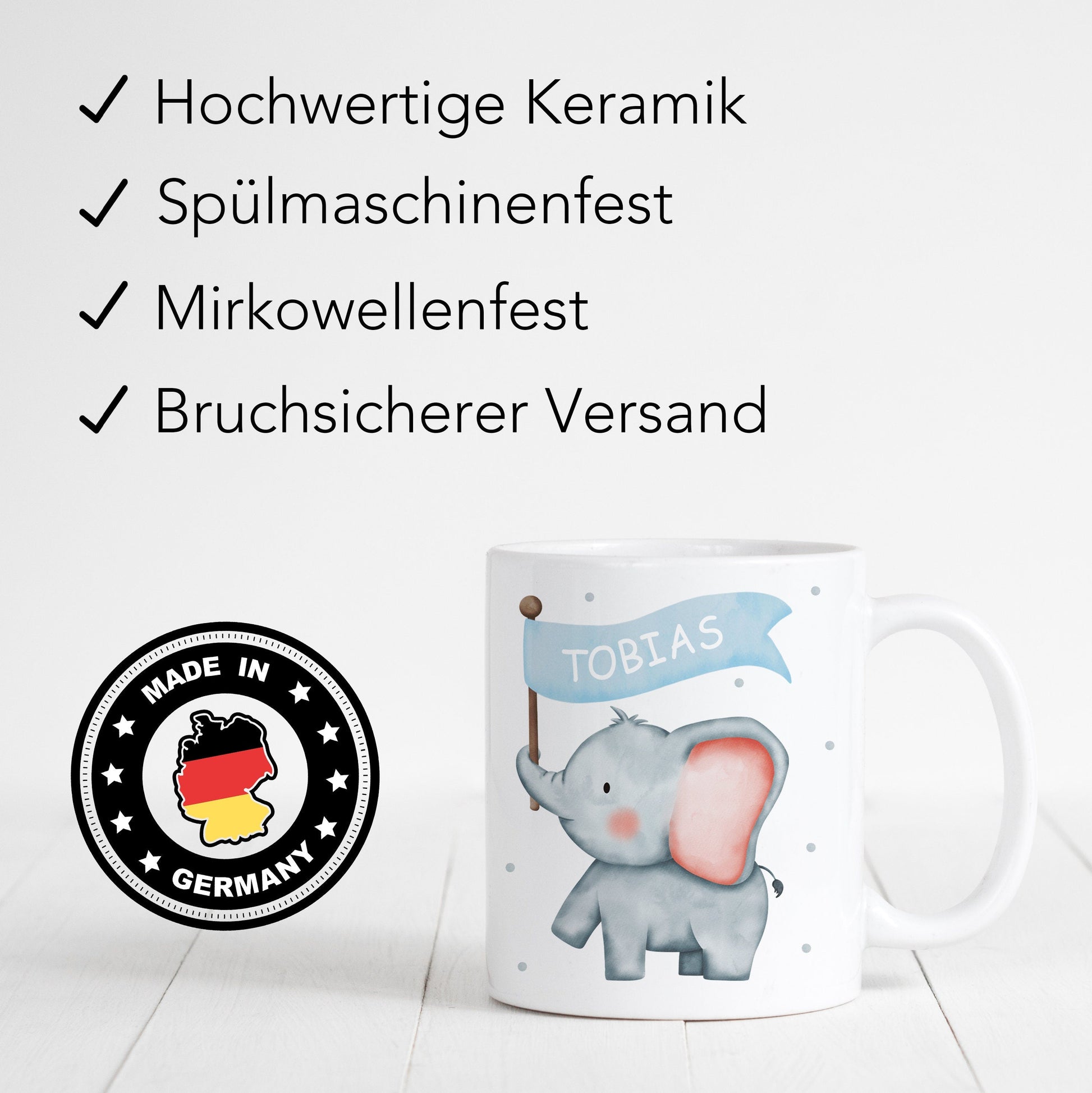 Kindertasse mit Namen Elefant personalisiert für Kinder Mädchen Jungen Geschenk Einschulung Kinderbecher aus Keramik