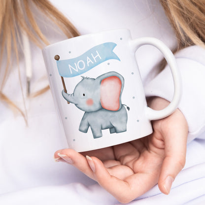 Kindertasse mit Namen Elefant personalisiert für Kinder Mädchen Jungen Geschenk Einschulung Kinderbecher aus Keramik