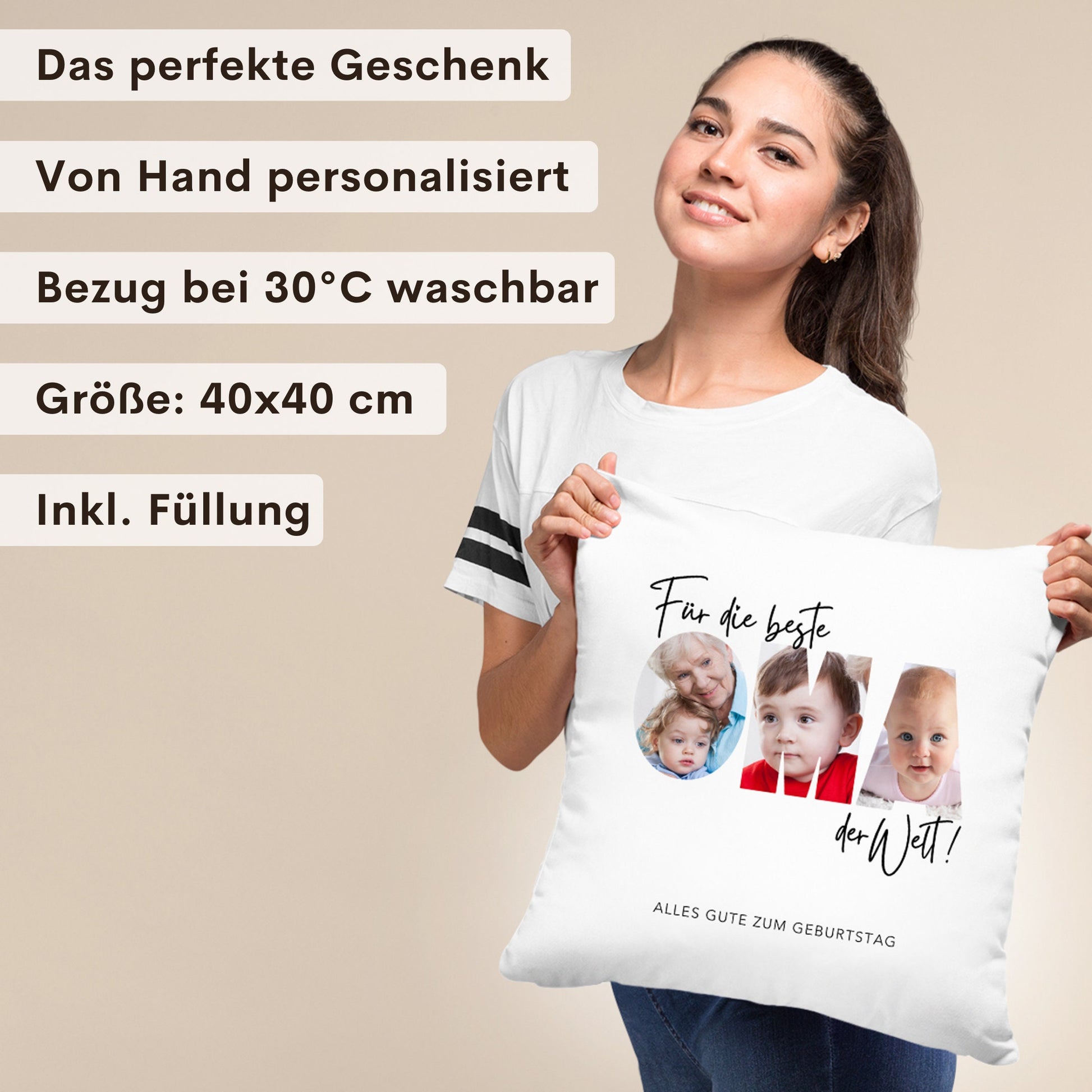 Oma Kissen mit Foto personalisiertes Fotogeschenk Fotokissen Dekokissen Geschenk für Großmutter Muttertagsgeschenk 40x40 cm inkl. Füllung