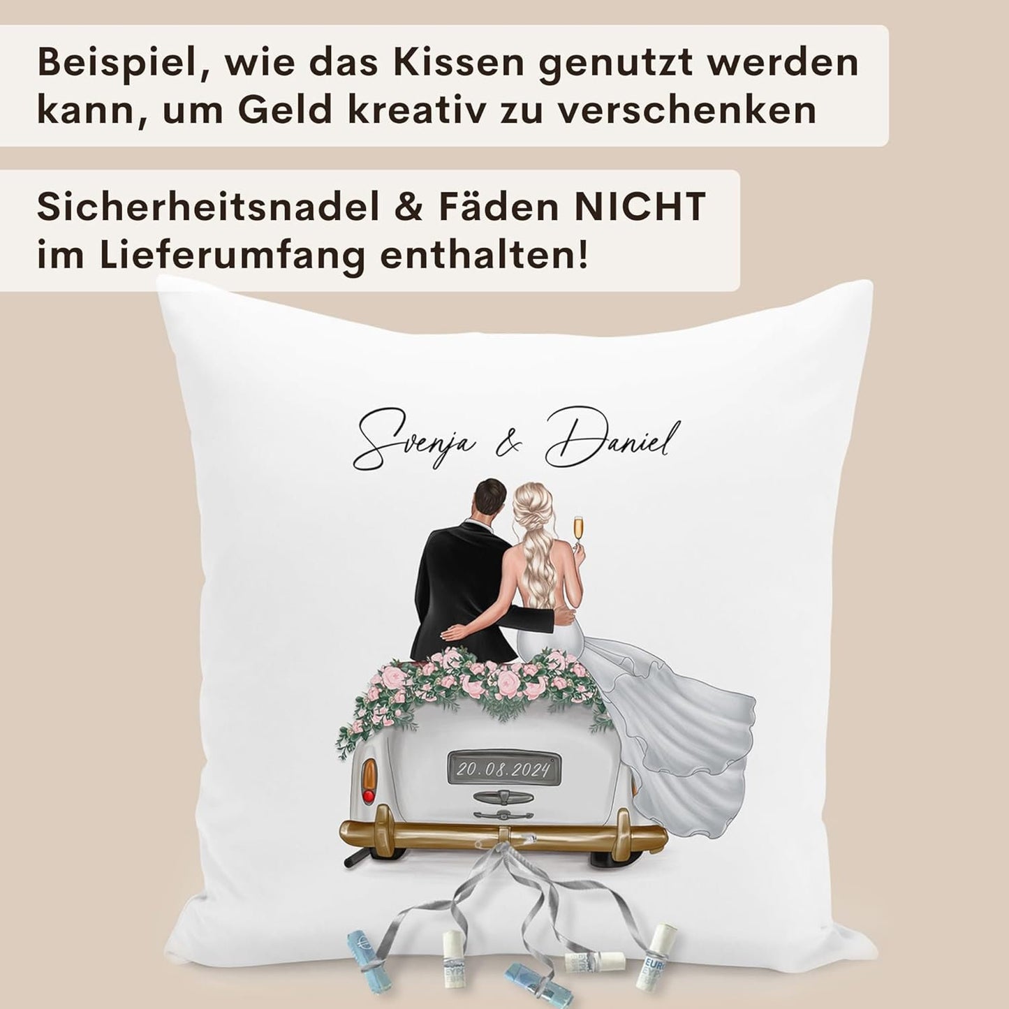 Hochzeitsgeschenk für Brautpaar Kissen personalisiert kreatives Hochzeit Geldgeschenk Verpackung mit Auto 40x40 cm inkl. Füllung und Bezug