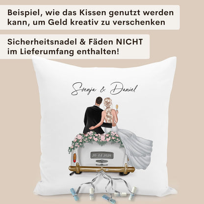 Hochzeitsgeschenk für Brautpaar Kissen personalisiert kreatives Hochzeit Geldgeschenk Verpackung mit Auto 40x40 cm inkl. Füllung und Bezug