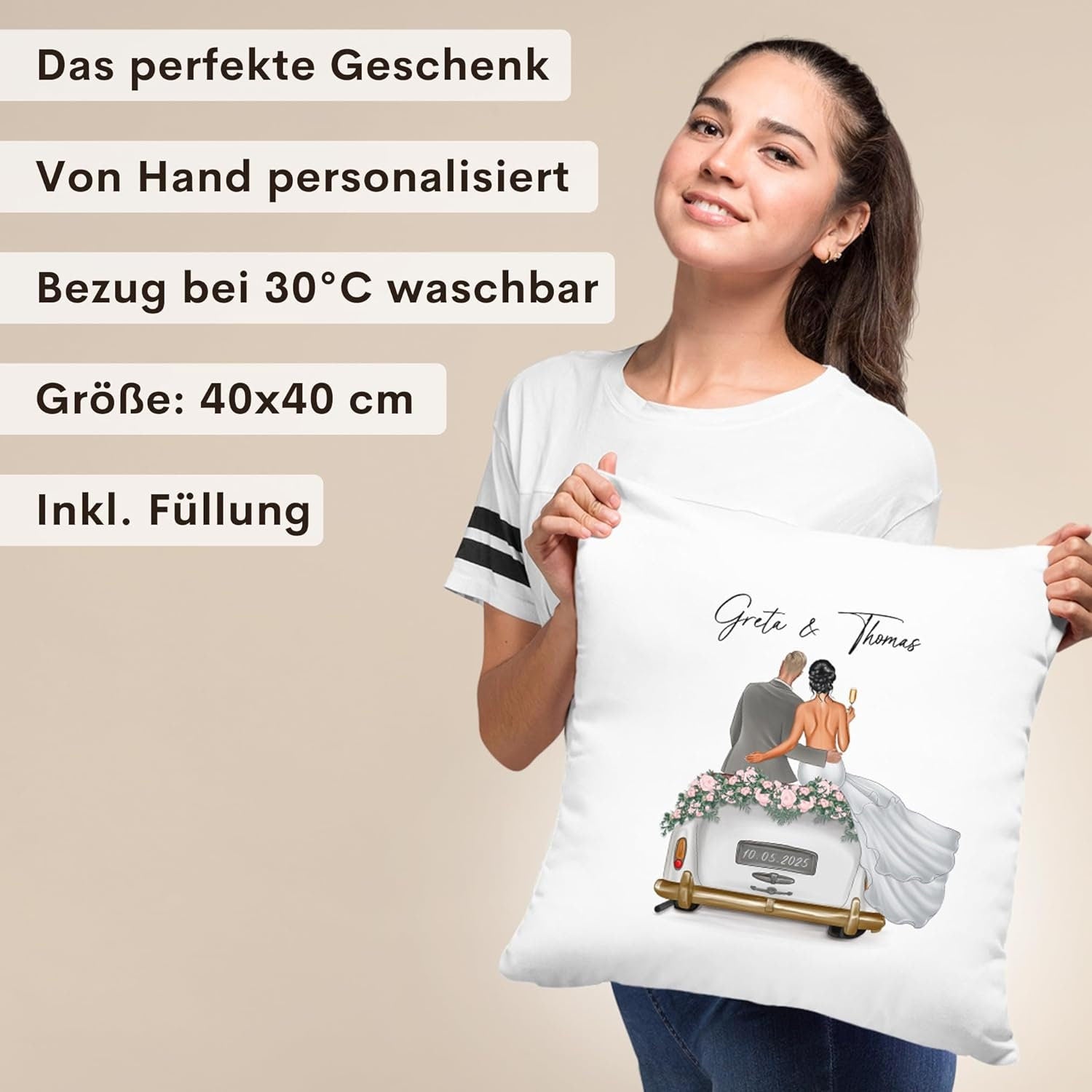 Hochzeitsgeschenk für Brautpaar Kissen personalisiert kreatives Hochzeit Geldgeschenk Verpackung mit Auto 40x40 cm inkl. Füllung und Bezug