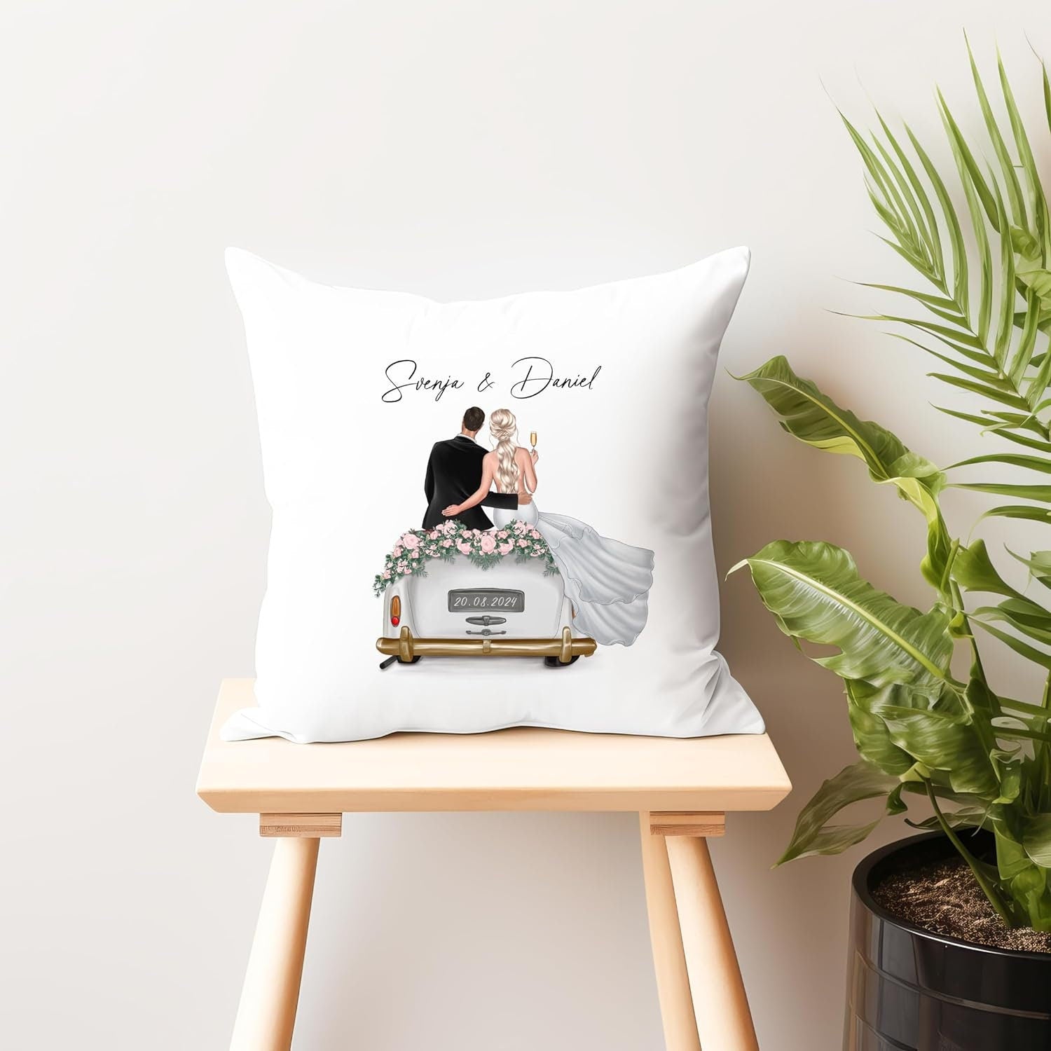 Hochzeitsgeschenk für Brautpaar Kissen personalisiert kreatives Hochzeit Geldgeschenk Verpackung mit Auto 40x40 cm inkl. Füllung und Bezug