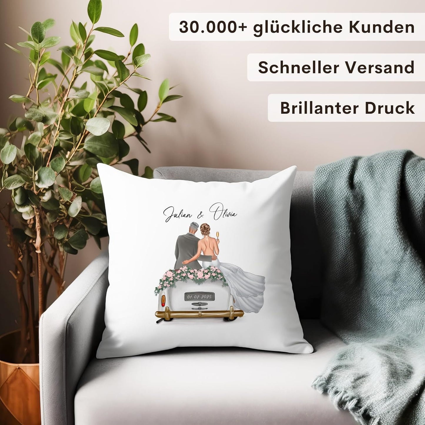 Hochzeitsgeschenk für Brautpaar Kissen personalisiert kreatives Hochzeit Geldgeschenk Verpackung mit Auto 40x40 cm inkl. Füllung und Bezug