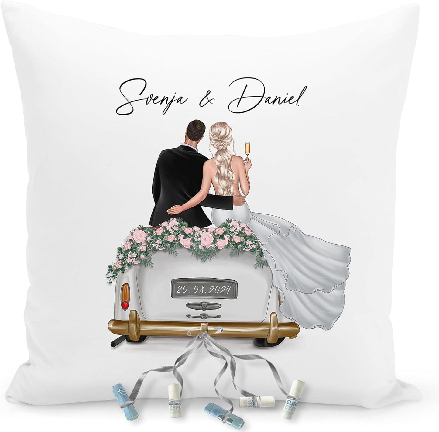 Hochzeitsgeschenk für Brautpaar Kissen personalisiert kreatives Hochzeit Geldgeschenk Verpackung mit Auto 40x40 cm inkl. Füllung und Bezug