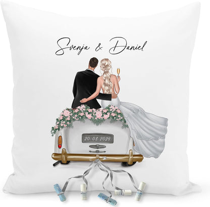 Hochzeitsgeschenk für Brautpaar Kissen personalisiert kreatives Hochzeit Geldgeschenk Verpackung mit Auto 40x40 cm inkl. Füllung und Bezug