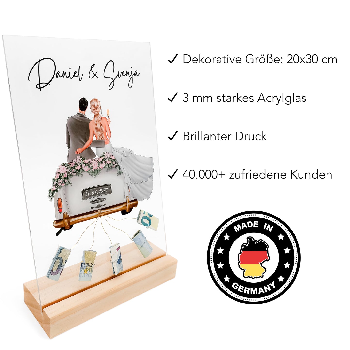 Geldgeschenk Hochzeit personalisiert Acrylglas Bild Hochzeitsgeschenk Geld Geschenk für Brautpaar 20x30 cm inkl. Holzfuß