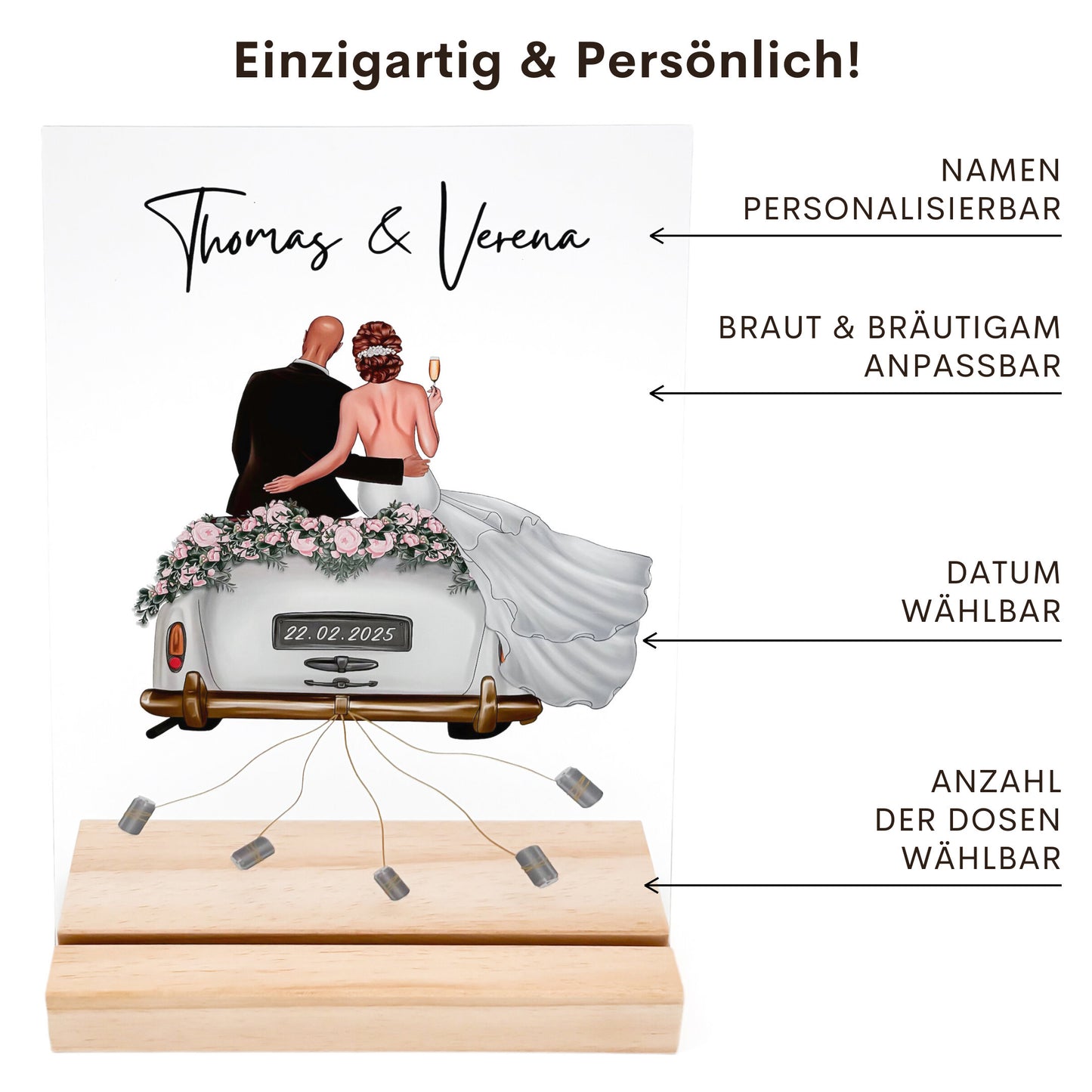 Geldgeschenk Hochzeit personalisiert Acrylglas Bild Hochzeitsgeschenk Geld Geschenk für Brautpaar 20x30 cm inkl. Holzfuß