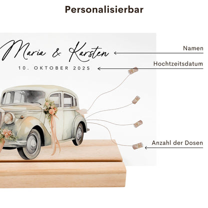 Geldgeschenk Hochzeit personalisiert Acrylglas Bild mit Auto Hochzeitsgeschenk Geld Geschenk für Brautpaar 20x30 cm inkl. Holzfuß